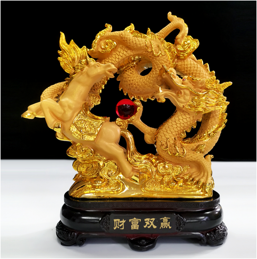 Golden Prosperity Dragon - Horse Statue