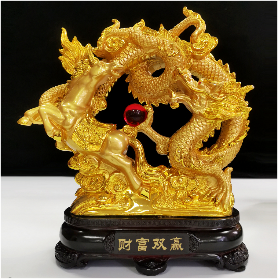 Golden Prosperity Dragon - Horse Statue