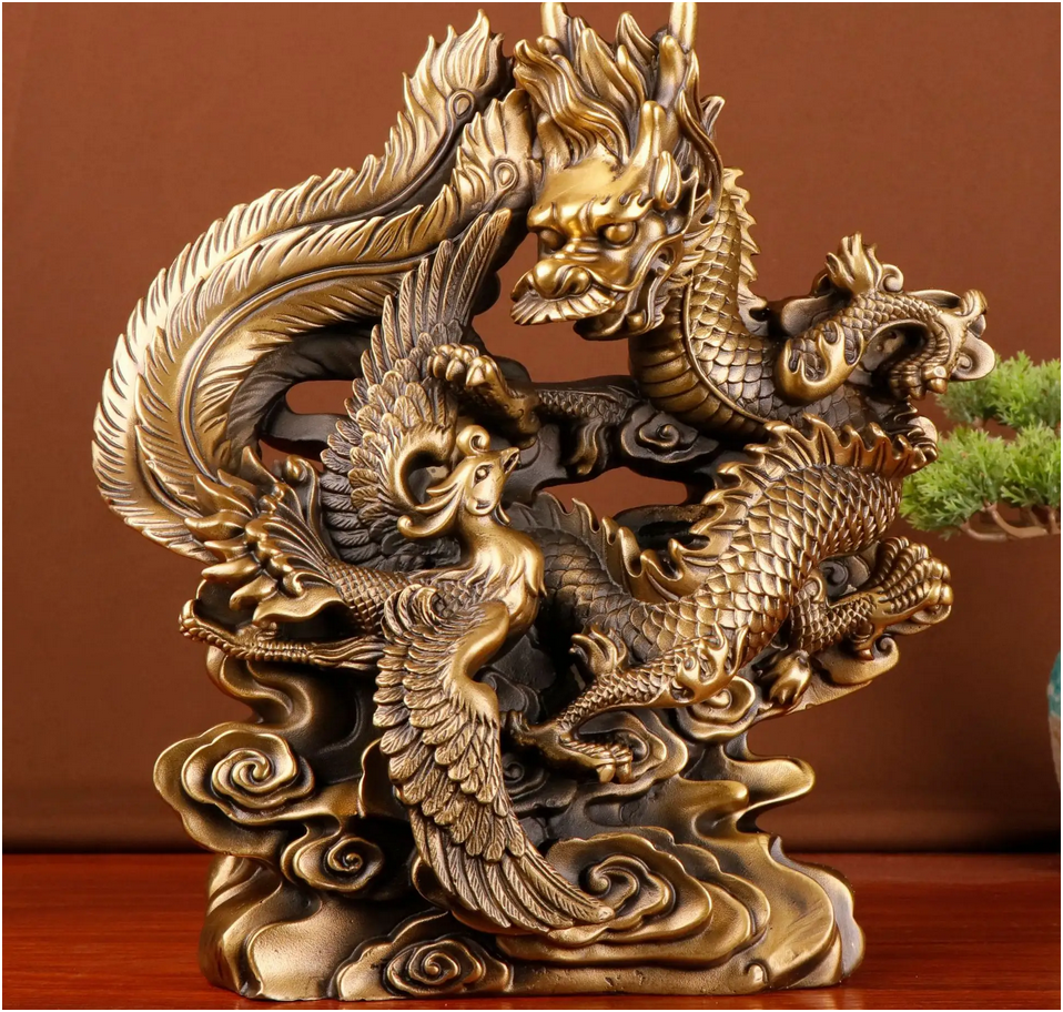Brass Dragon & Phoenix Sculpture