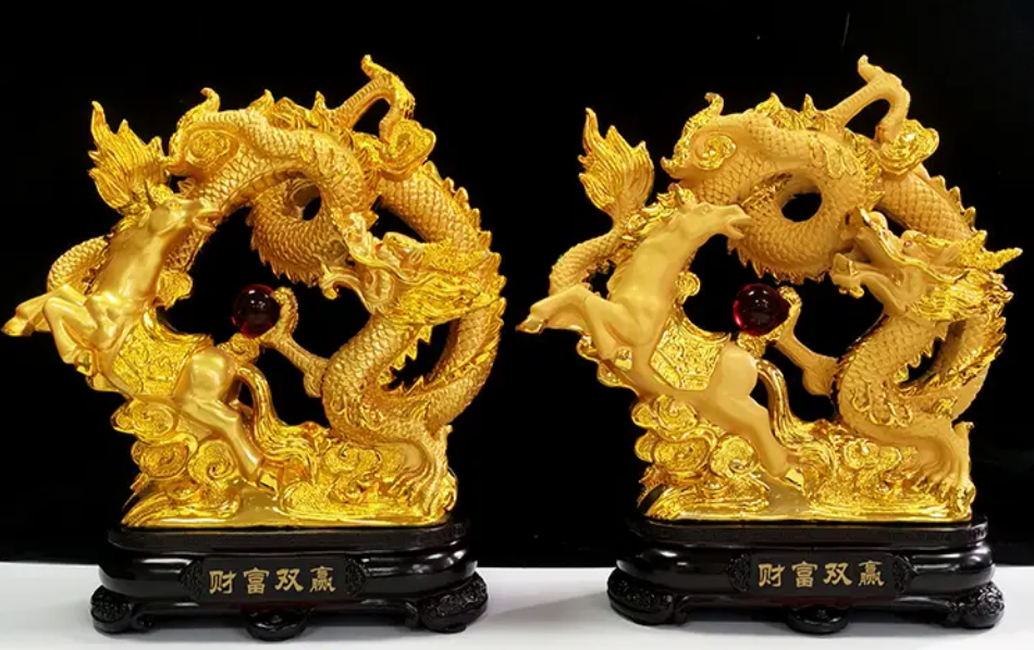 Golden Prosperity Dragon - Horse Statue