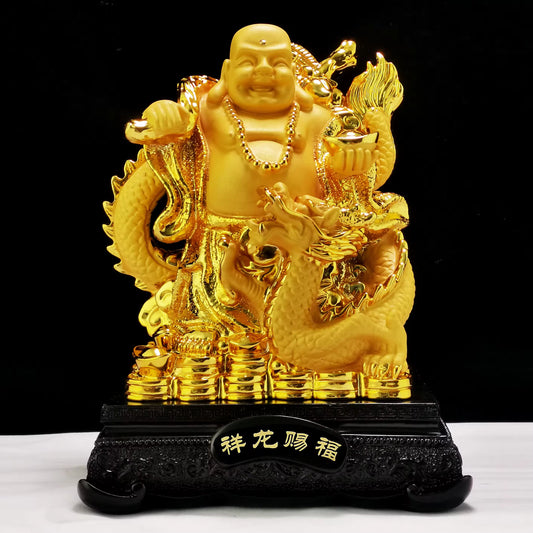 Golden Laughing Buddha with Dragon