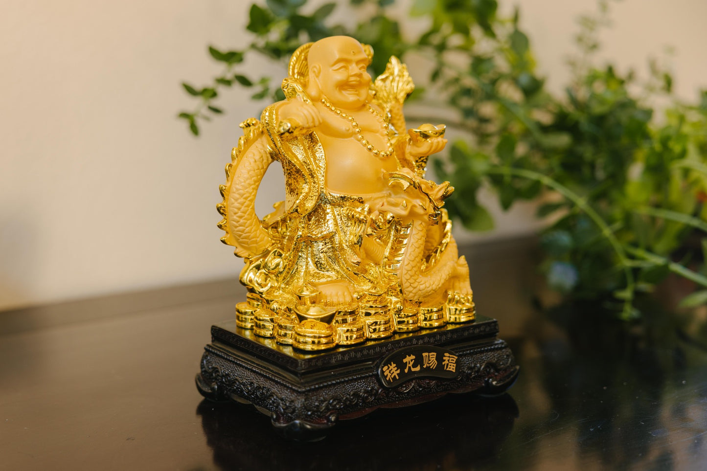 Golden Laughing Buddha with Dragon