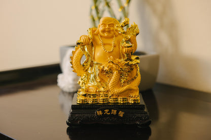 Golden Laughing Buddha with Dragon