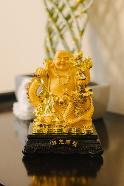 Golden Laughing Buddha with Dragon
