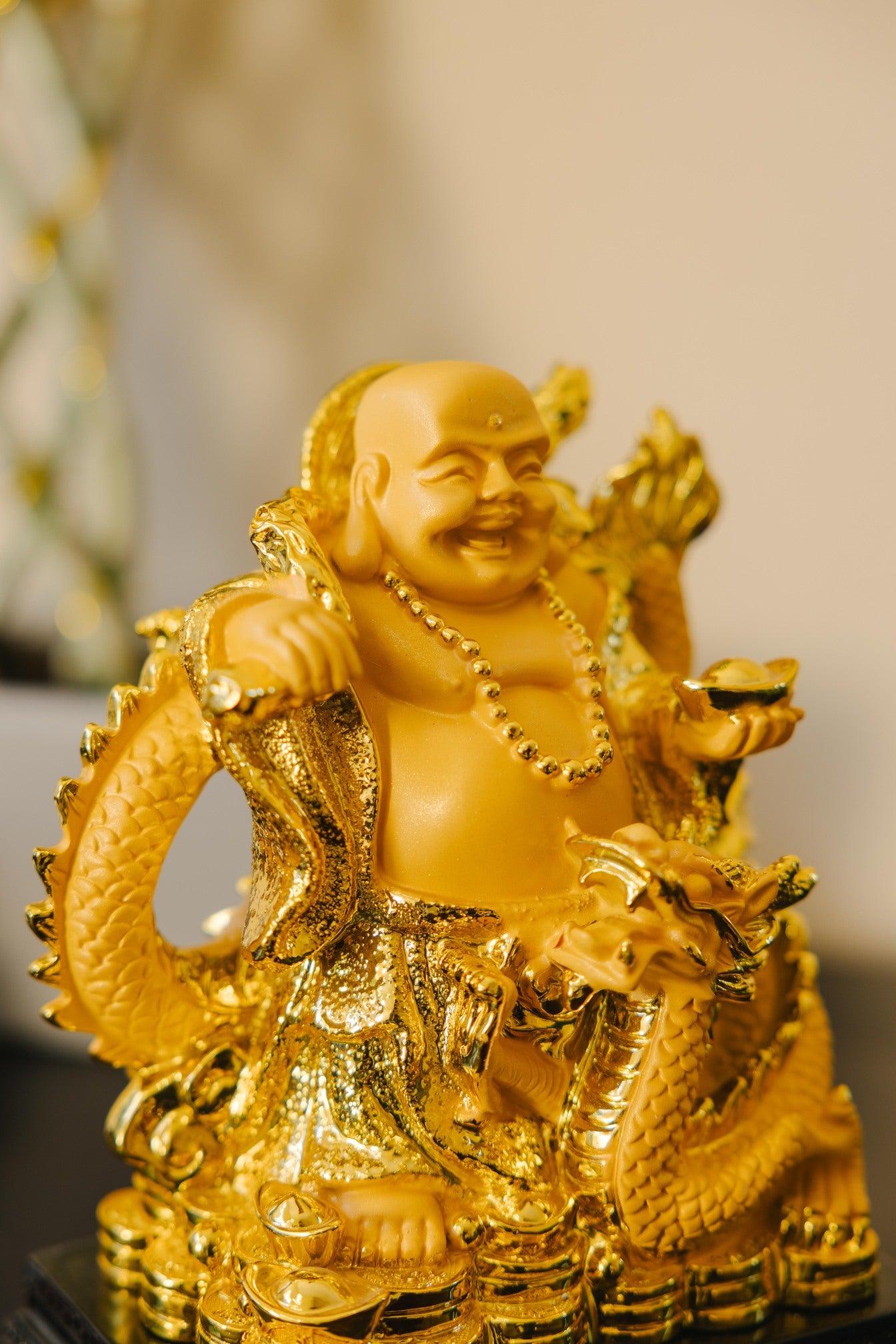 Golden Laughing Buddha with Dragon