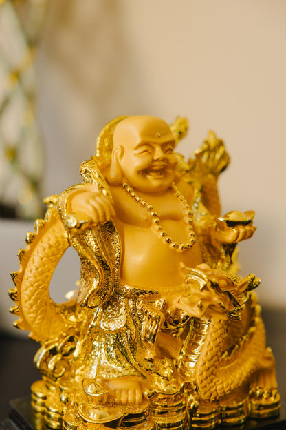 Golden Laughing Buddha with Dragon