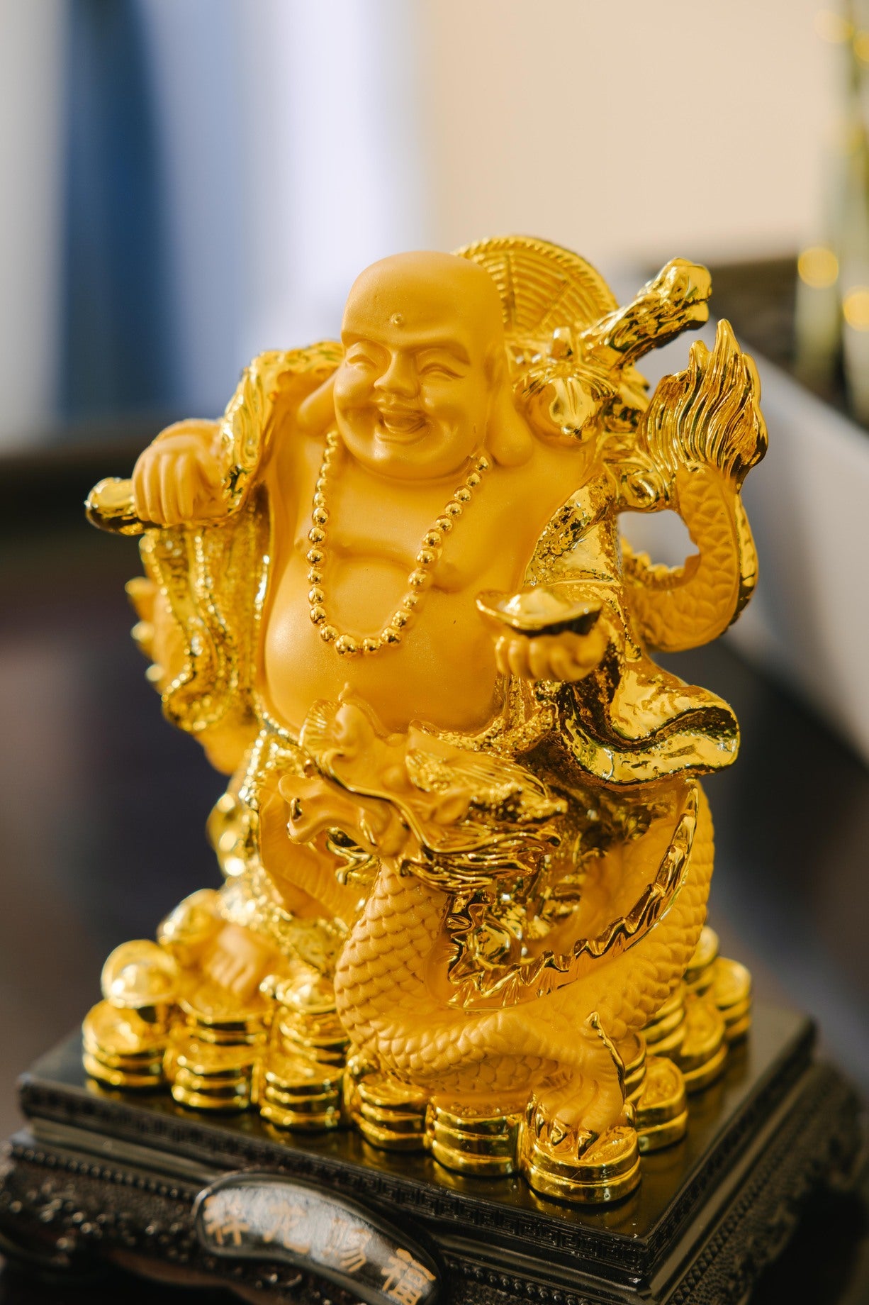 Golden Laughing Buddha with Dragon