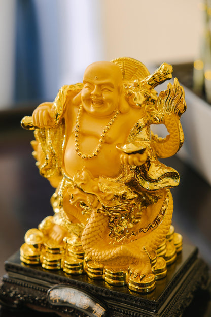 Golden Laughing Buddha with Dragon