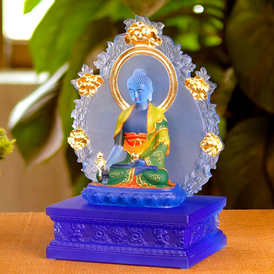 Blue Glass, Gilded and Painted Statue of Mediane Sakyamuni Buddha