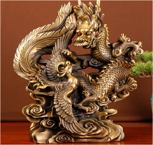 Brass Dragon & Phoenix Sculpture